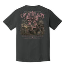 Back view of a Pepper Comfort Colors t-shirt displayed on a white background featuring a distressed country girl tractor graphic with pink bow accents and rustic farmhouse artwork by Back Porch Apparel.