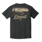 A dark charcoal gray t-shirt shown from the back, featuring a large graphic print of a mountain landscape with pine trees, a bear, and the text 'Denali' and 'Alaska USA'.
