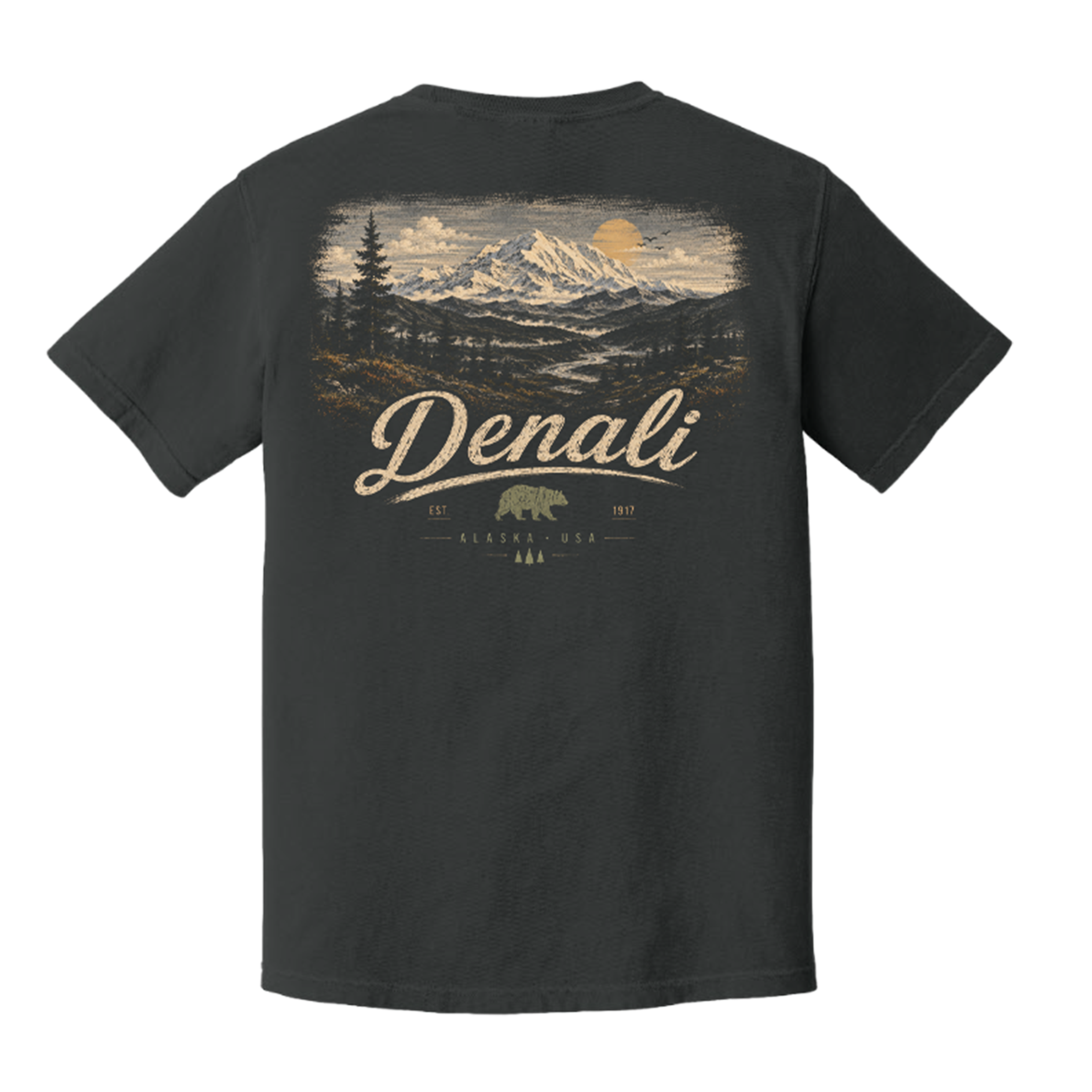 A dark charcoal gray t-shirt shown from the back, featuring a large graphic print of a mountain landscape with pine trees, a bear, and the text 'Denali' and 'Alaska USA'.