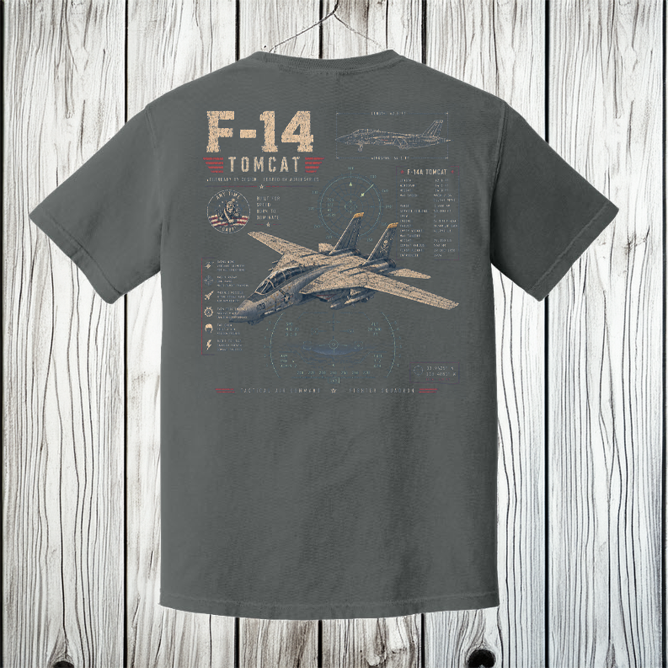Comfort Colors Pepper t-shirt featuring a vintage F-14 Tomcat fighter jet blueprint graphic printed on the back.