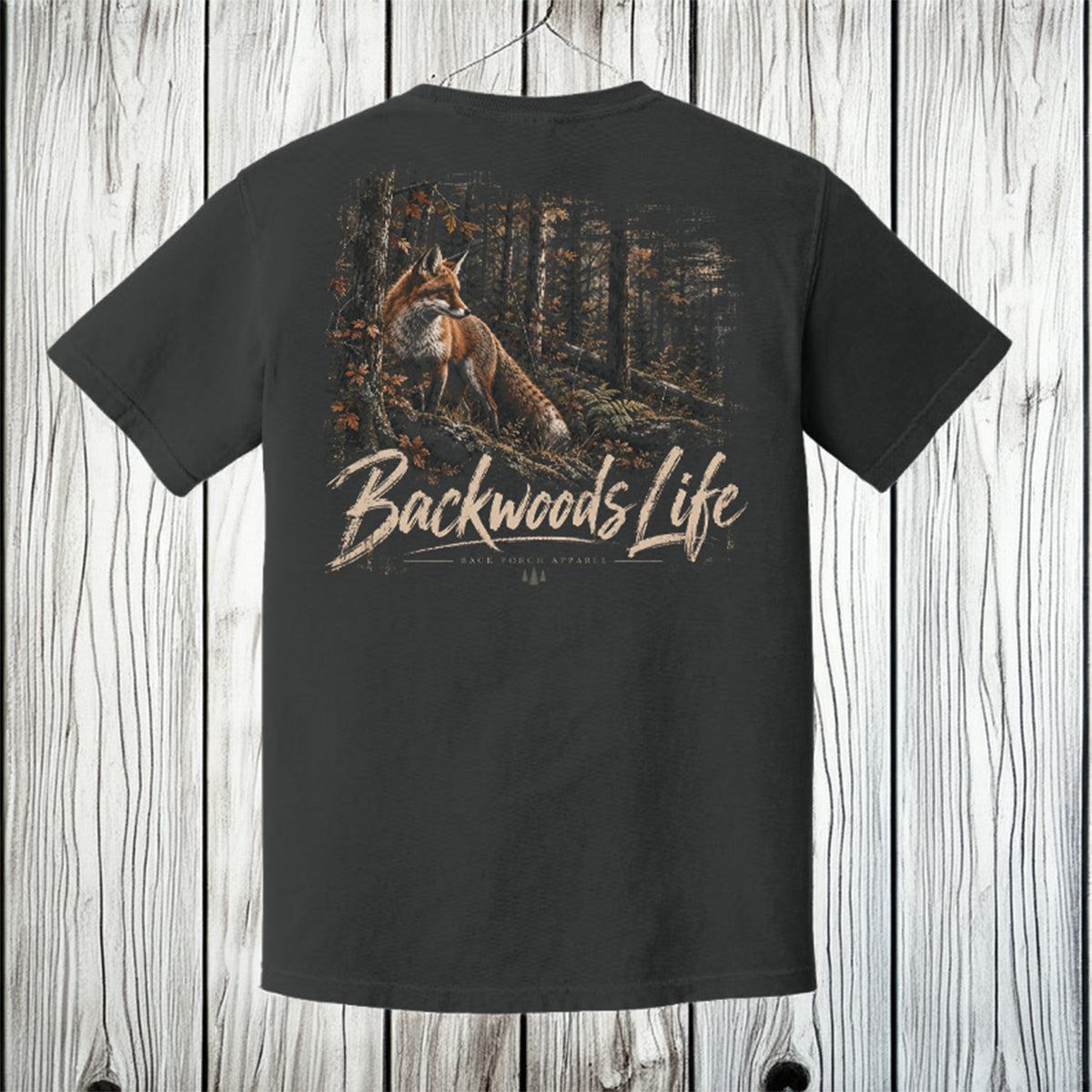 Fox Backwoods Life Back Porch apparel Comfort Colors Pepper shirt