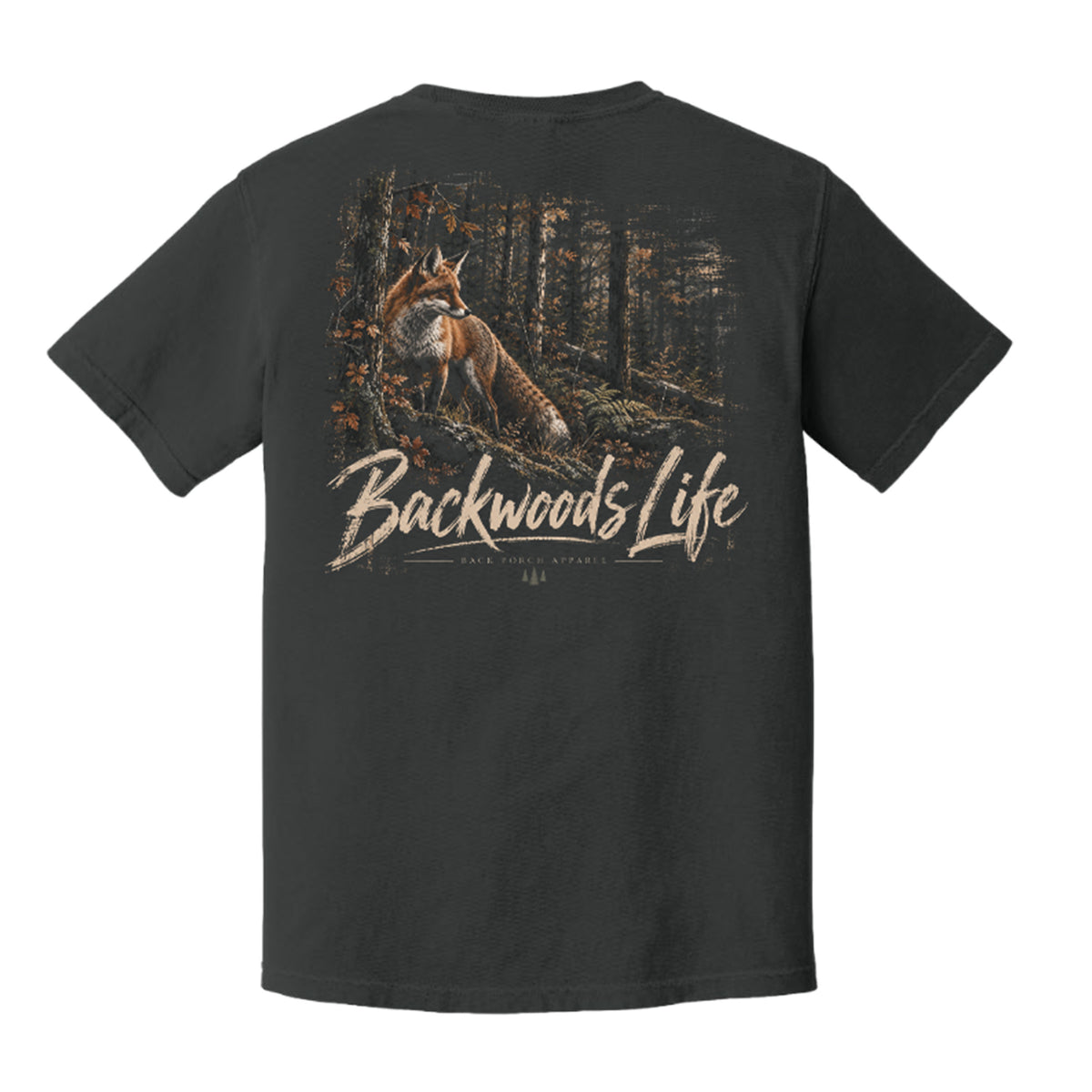 A dark charcoal gray t-shirt shown from the back, featuring a large graphic print of a fox in a forest with the text 'Backwoods Life' in a distressed beige font.