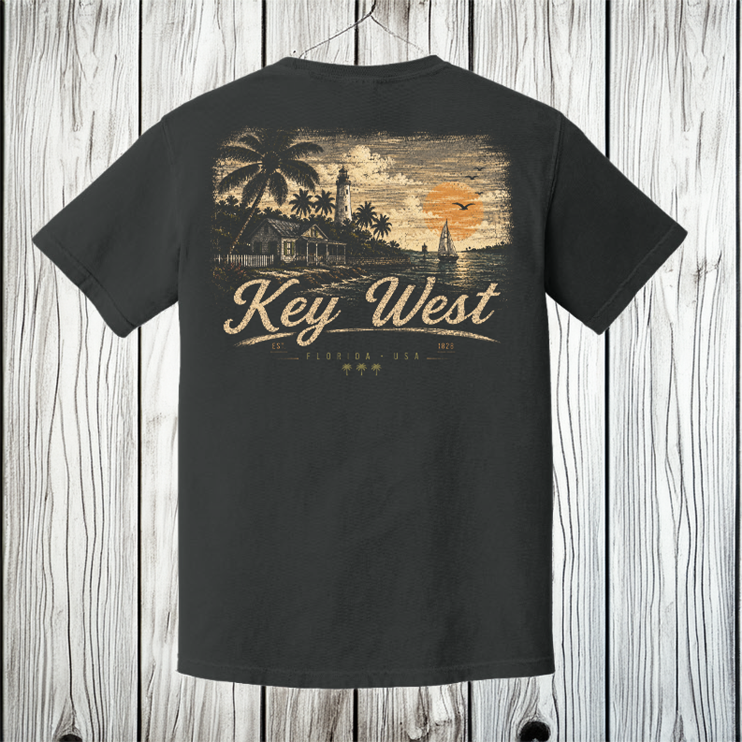 A black short-sleeve t-shirt shown from the back, featuring a vintage-style Key West graphic print in beige and orange tones, hanging against a white wood plank background.