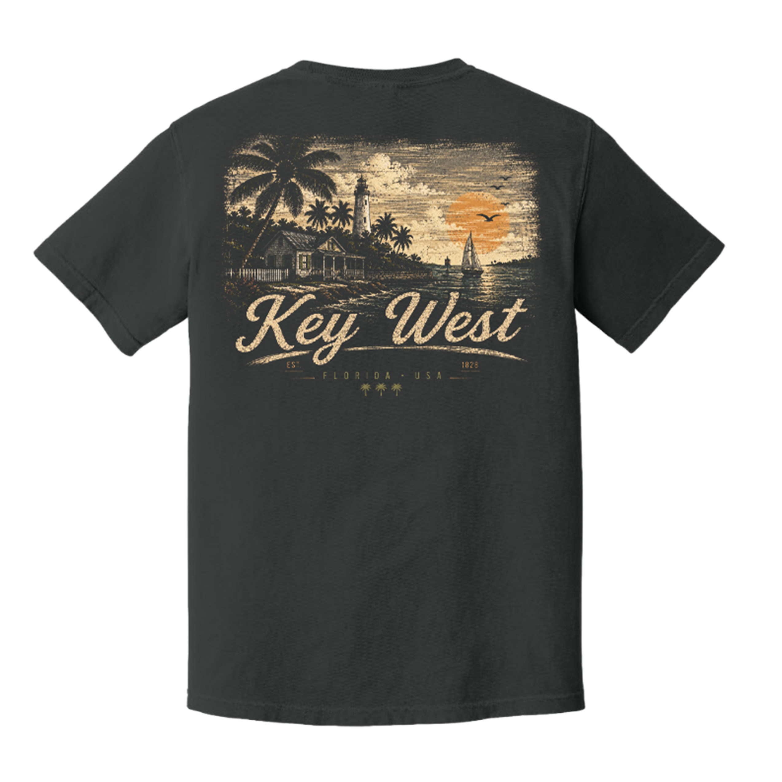 A dark charcoal gray short-sleeve t-shirt shown from the back, featuring a vintage-style graphic of a tropical Key West scene with palm trees, a lighthouse, a sailboat, and a sunset, with 'Key West' printed in large script.
