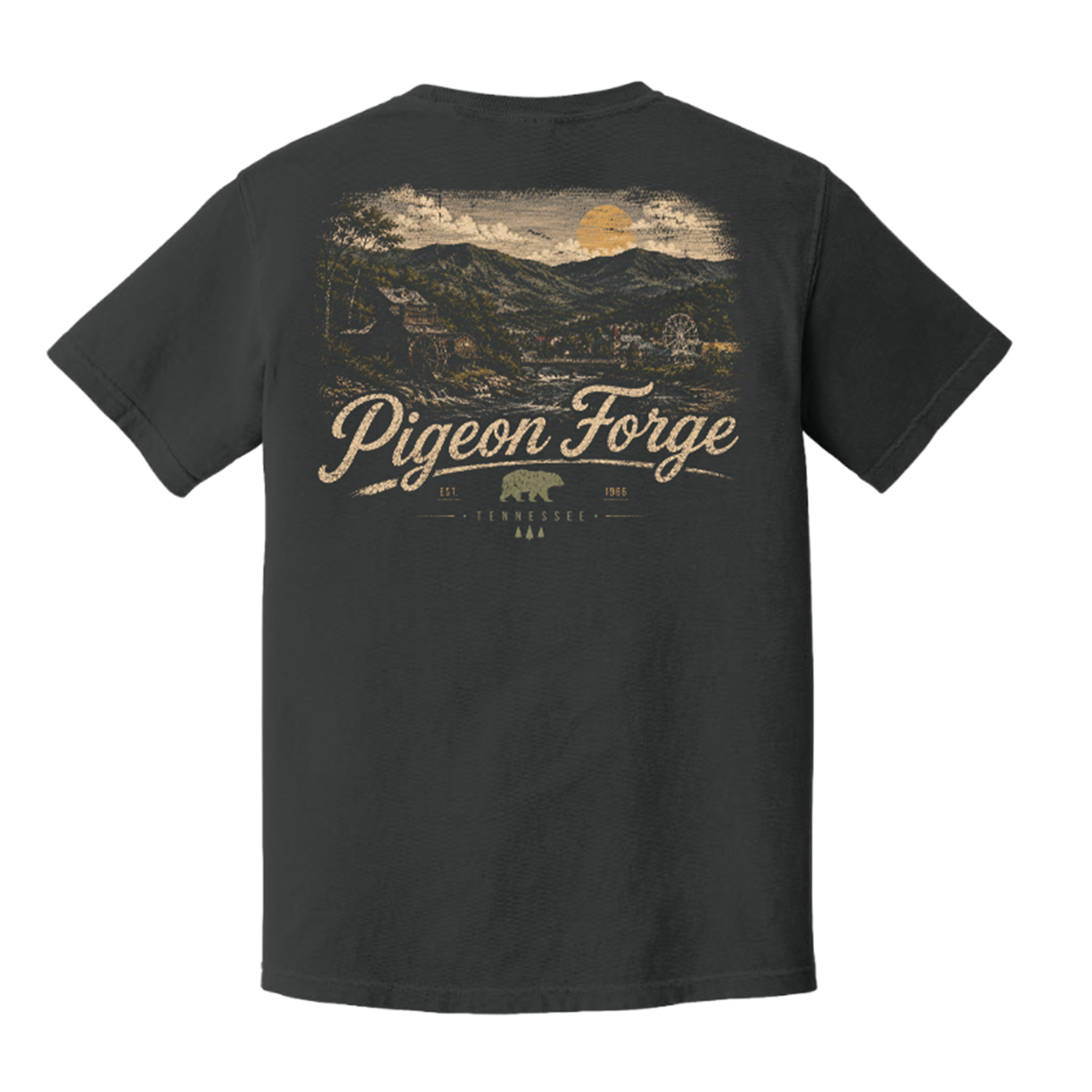 A dark charcoal gray t-shirt shown from the back, featuring a large vintage-style graphic of a mountain landscape with the text 'Pigeon Forge Tennessee' in a distressed beige font.