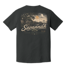 A dark charcoal gray short-sleeve t-shirt shown from the back, featuring a vintage-style graphic print of a Savannah sunset scene with a bridge, trees, and the word 'Savannah' in large script.