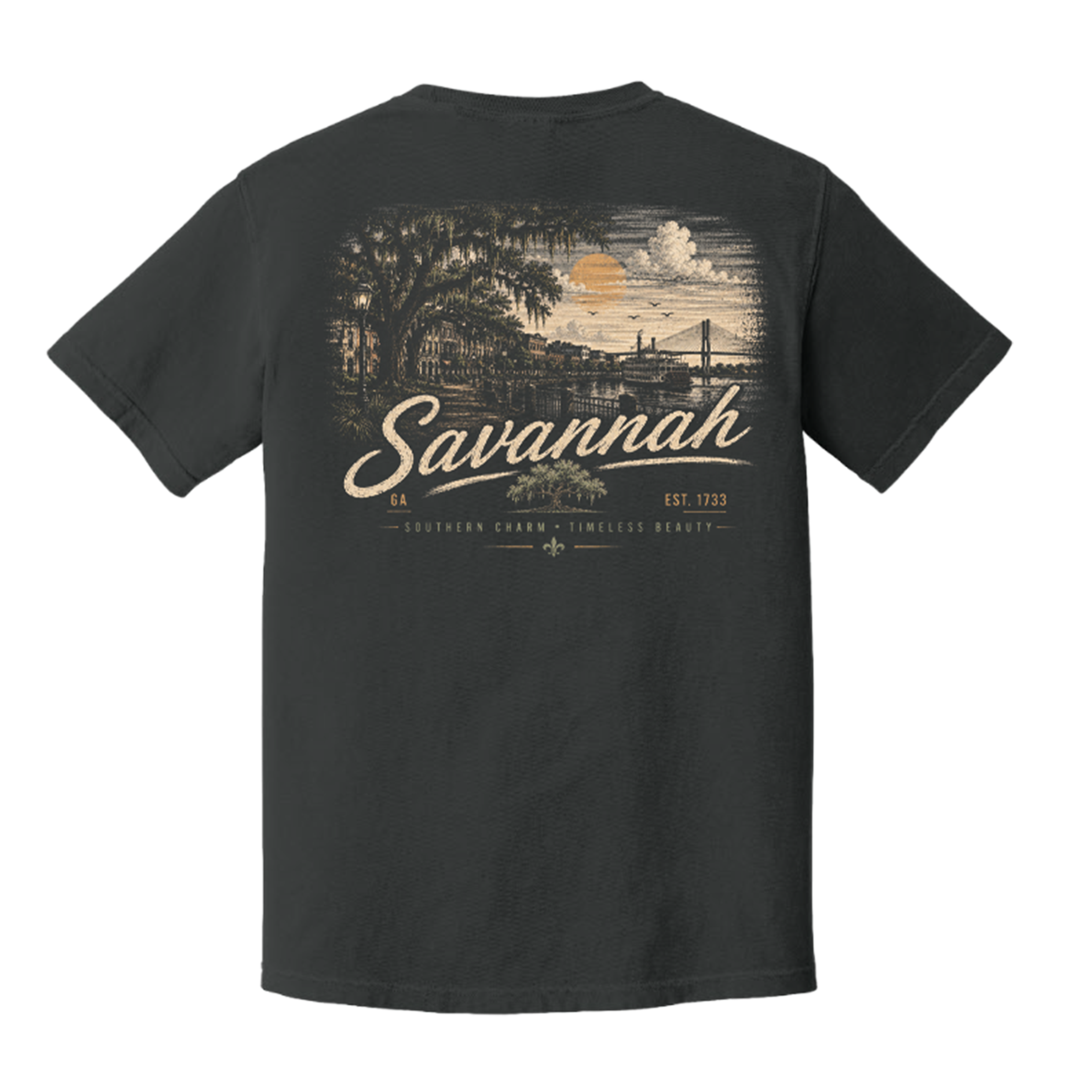 A dark charcoal gray short-sleeve t-shirt shown from the back, featuring a vintage-style graphic print of a Savannah sunset scene with a bridge, trees, and the word 'Savannah' in large script.
