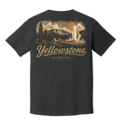 A dark charcoal gray t-shirt shown from the back, featuring a vintage-style Yellowstone National Park graphic with a geyser, mountains, trees, and the text 'Yellowstone National Park' in tan and orange.