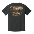 A dark charcoal gray t-shirt shown from the back, featuring a large graphic print of Zion National Park with a mountain landscape and the word 'Zion' in a stylized beige font.