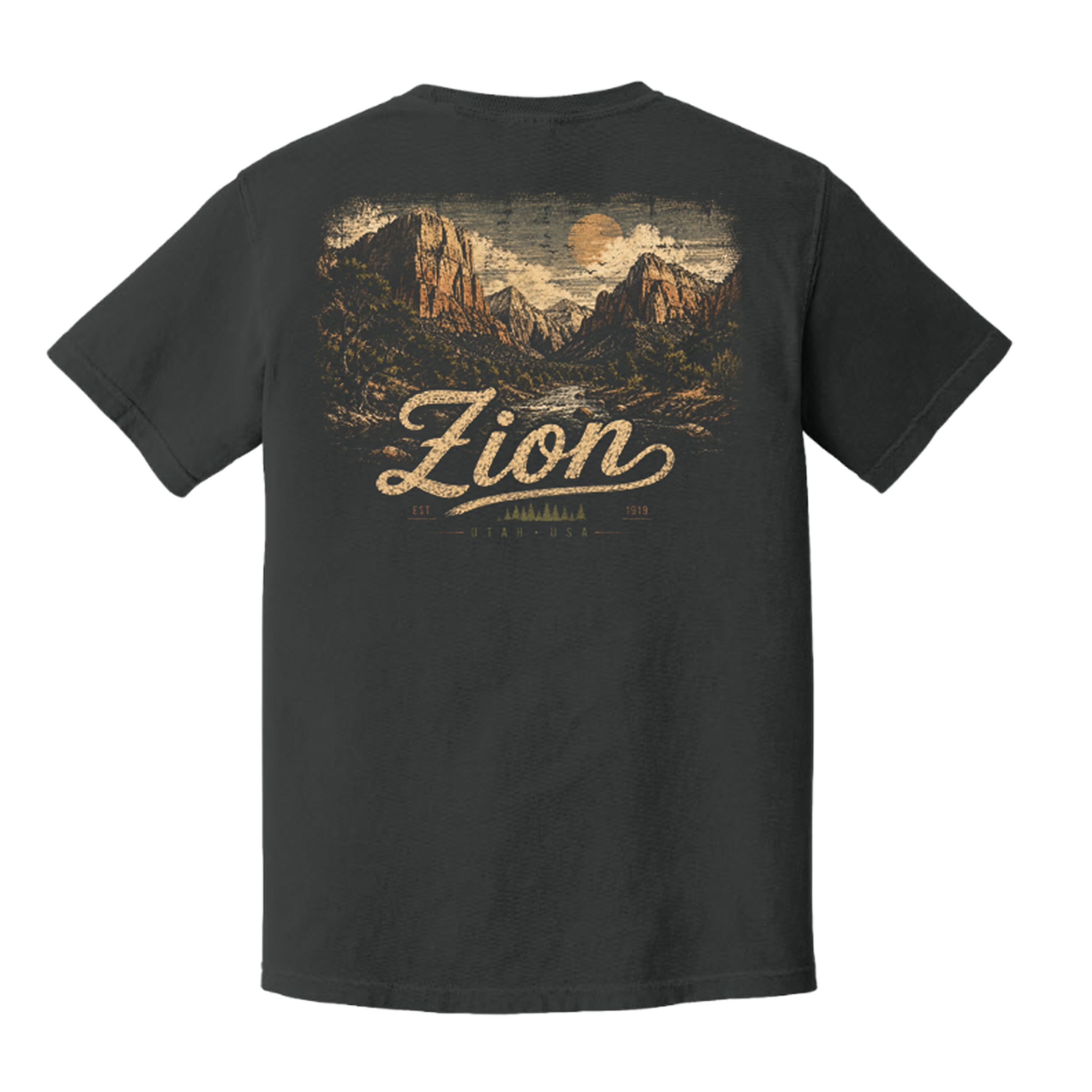 A dark charcoal gray t-shirt shown from the back, featuring a large graphic print of Zion National Park with a mountain landscape and the word 'Zion' in a stylized beige font.