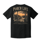 Back of Black Comfort Colors Porch Life t-shirt featuring a rocking chair, country porch, dirt road, and sunset with the phrase Dirt Roads Lead to the Porch.