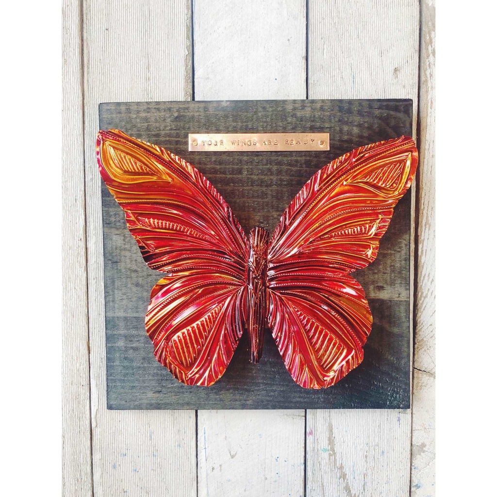 Copper Butterfly on Wood Plaque - Red