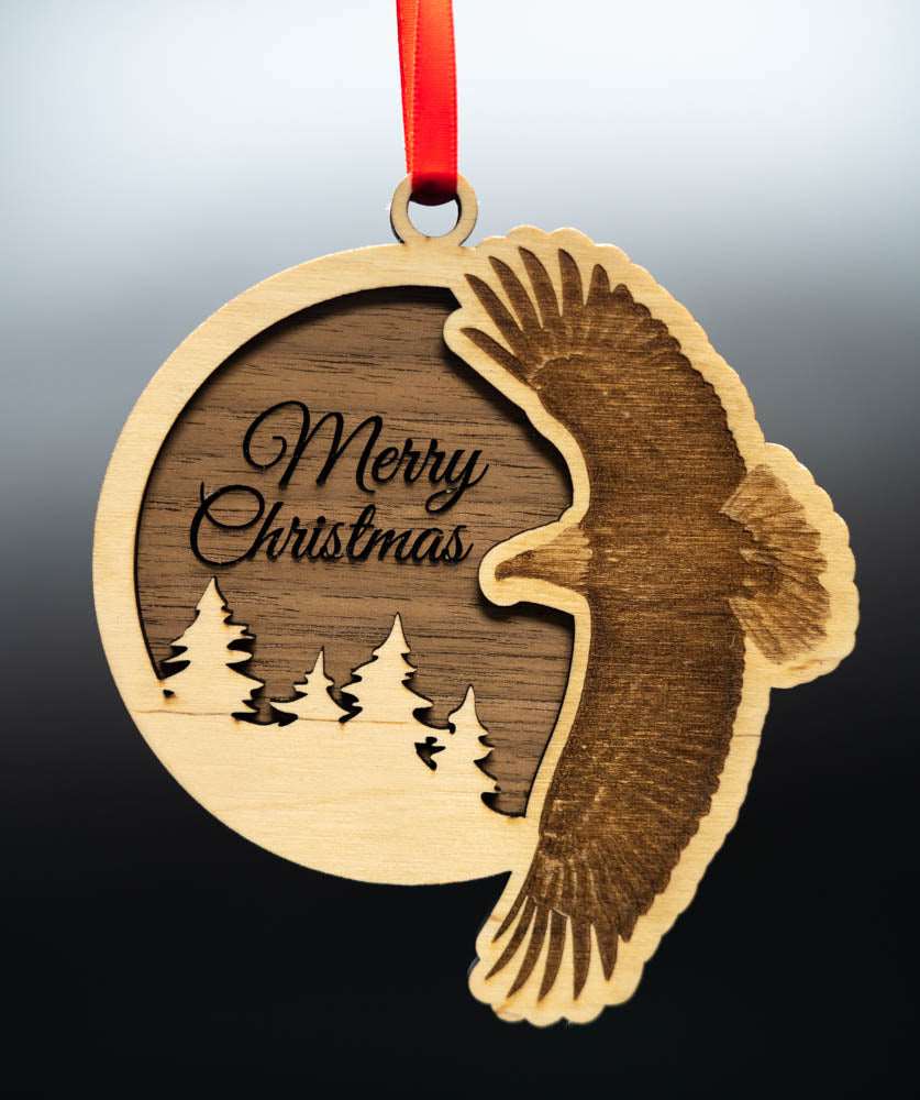 Bald Eagle Merry Christmas 3.5” Wooden Ornament with Ribbon