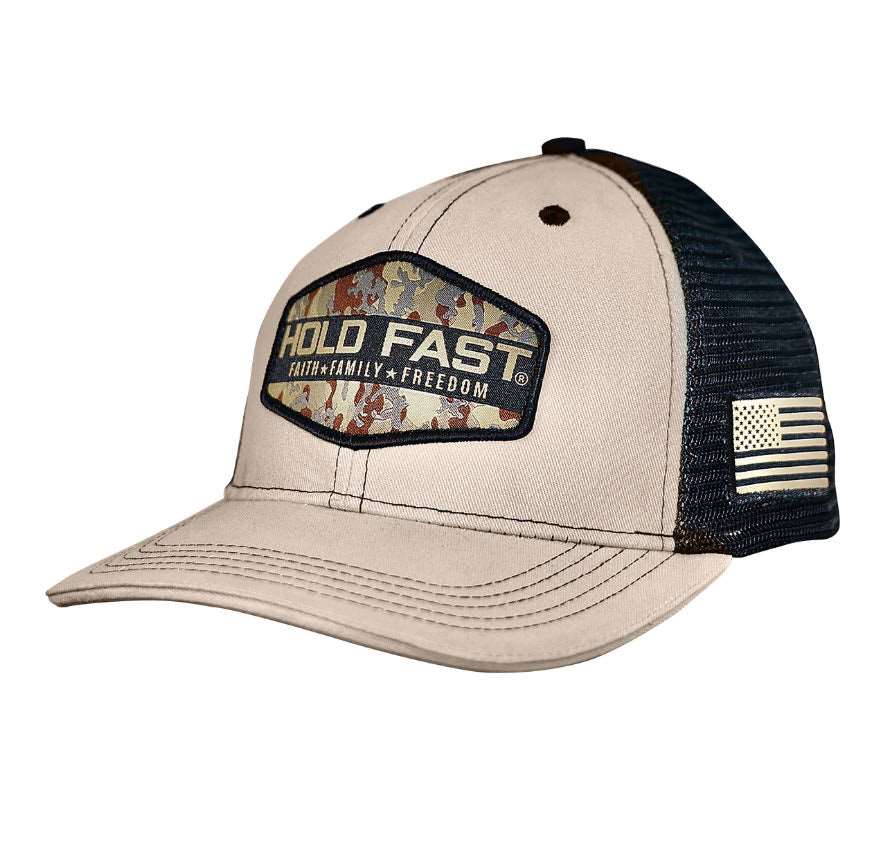 Camo Badge Hold Fast Snap Back Mesh Hat