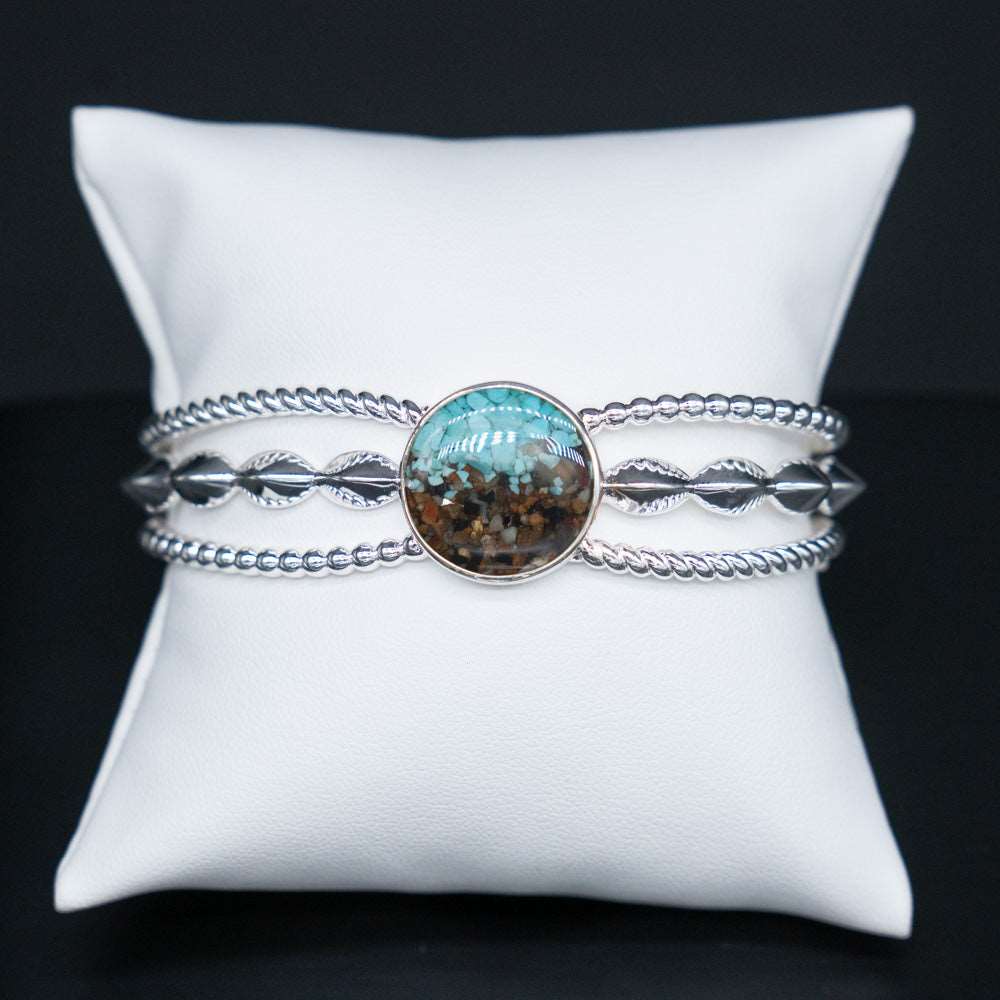 .925 Sterling Silver Boho Cuff Round Bracelet with Turquoise and Riverbed from the Shenandoah River Gradient