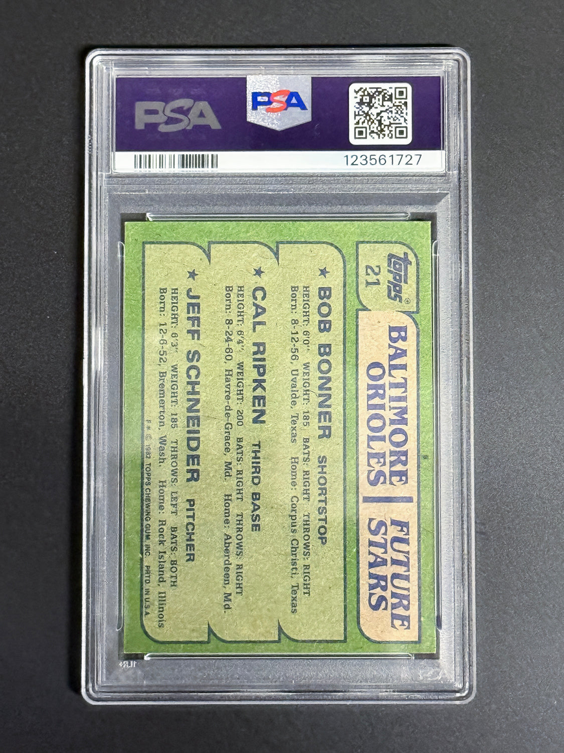 Back of 1982 Topps Orioles Future Stars card showing player bios and statistics for Ripken, Bonner, and Schneider