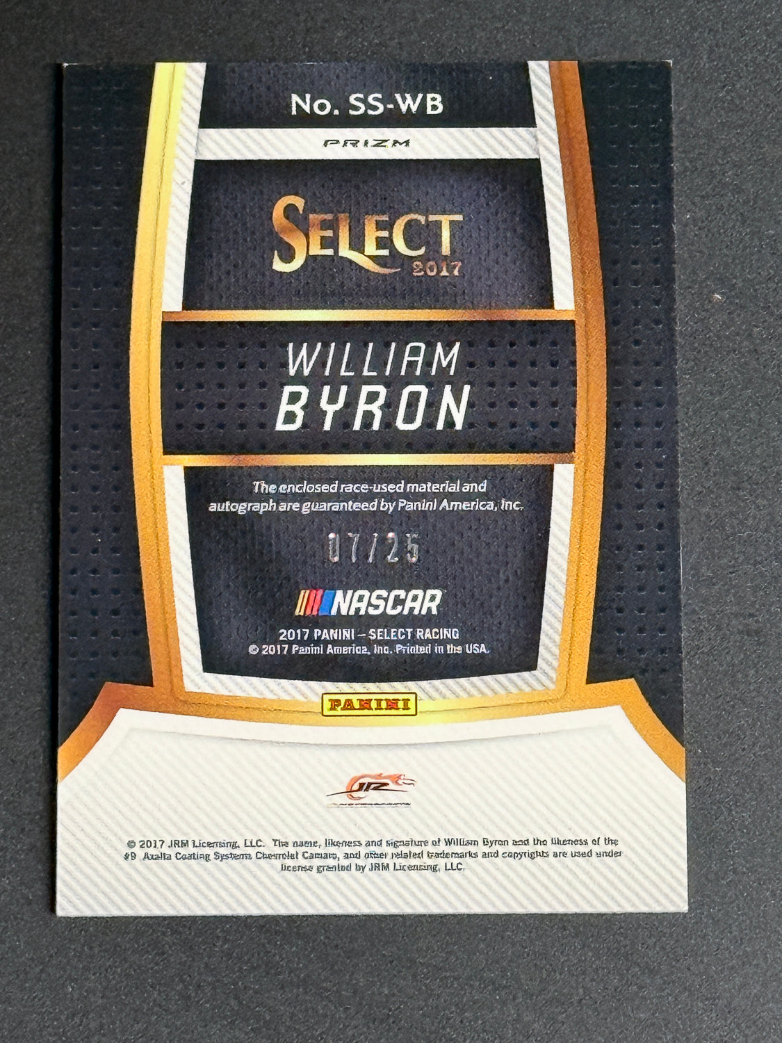 Back of 2017 Panini Select Racing William Byron card showing certification text, NASCAR branding, and serial number 17 of 25