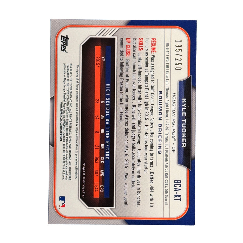 Kyle Tucker 2015 Bowman Chrome 1st Bowman autograph card back showing serial number 195/250