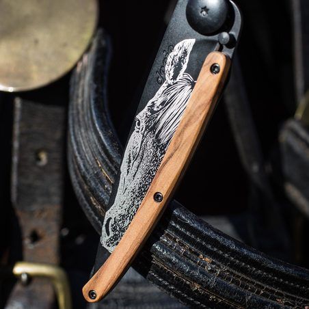 Deejo Purebred Horse 37g Laser Engraved Pocket Knife with Olive Wood Handle
