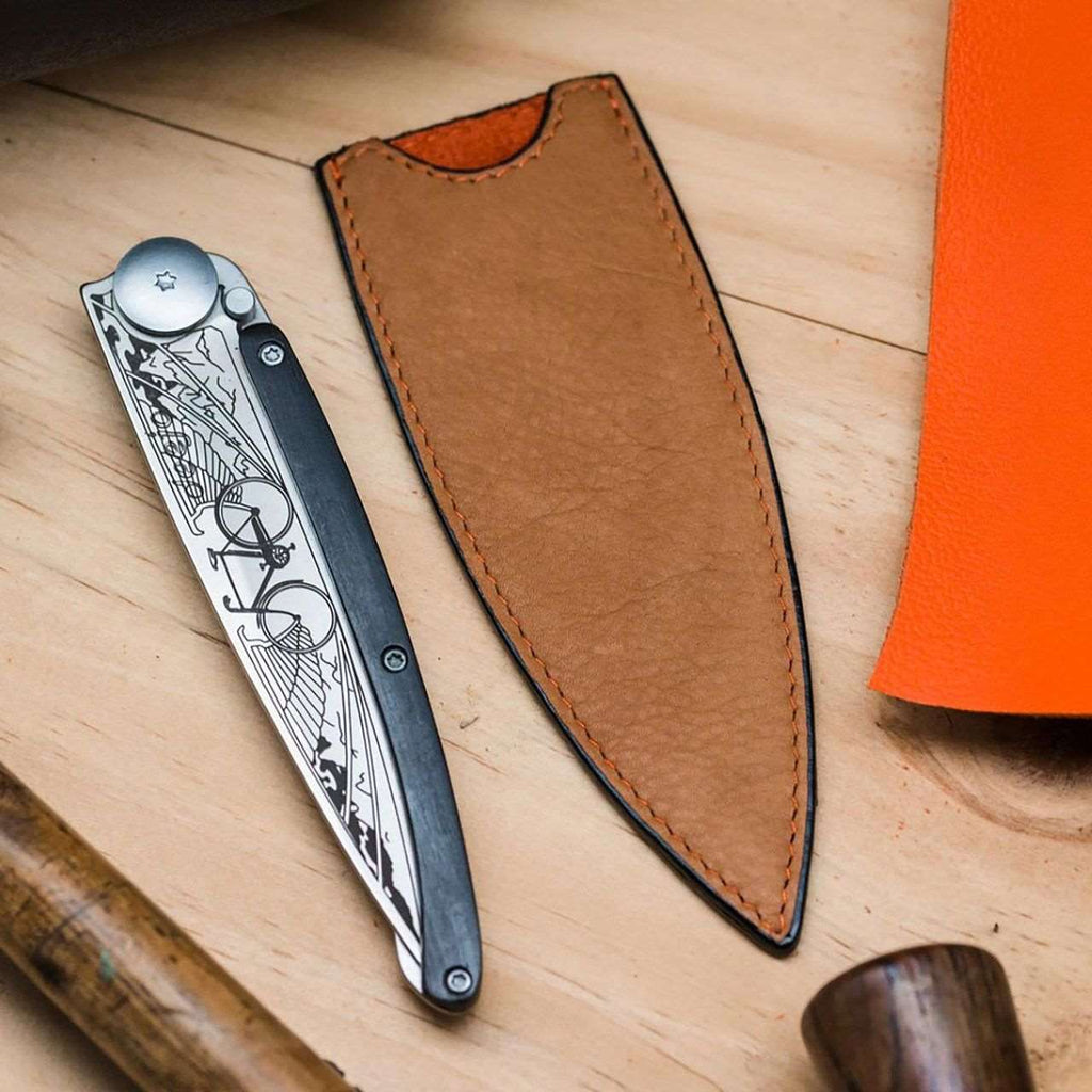 Deejo Leather Sheath for 37g Pocket Knives - Elegant Protection in Light Brown with Orange Stitching