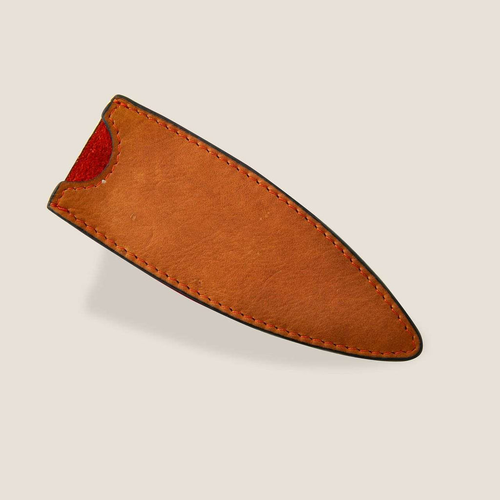 Deejo Leather Sheath for 27g Pocket Knives - Elegant Protection in Light Brown with Orange Stitching