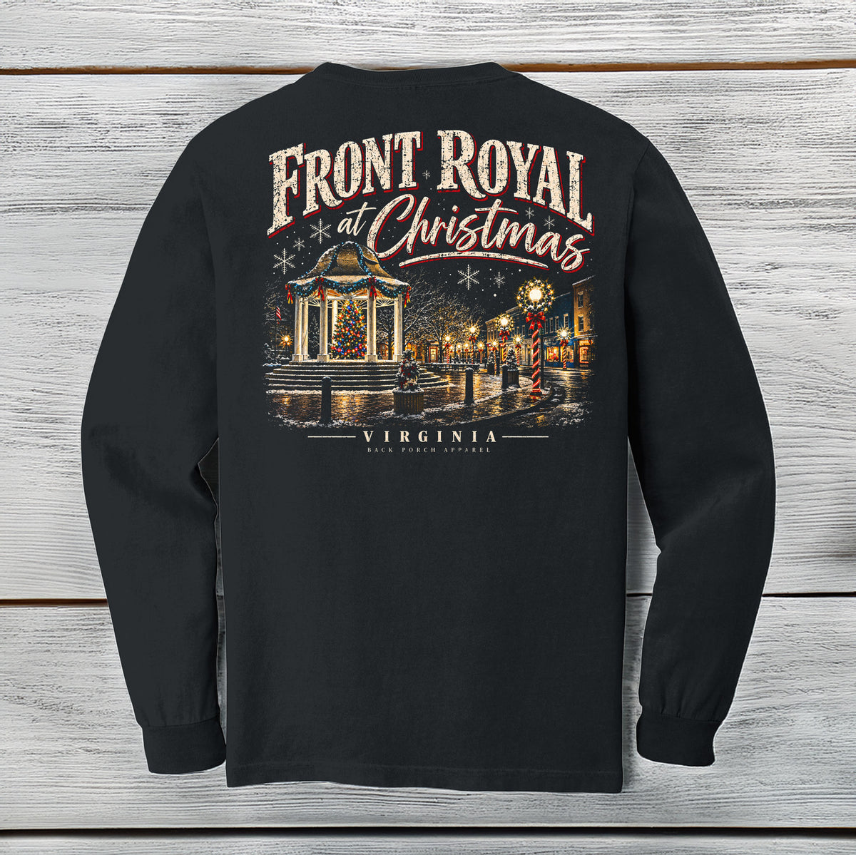 Front Royal at Christmas Virginia Comfort Colors black long sleeve shirt with vintage holiday gazebo and Main Street back graphic
