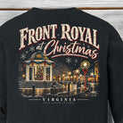 Close-up of Front Royal at Christmas Virginia shirt design featuring a decorated gazebo, Christmas tree, snow and holiday lights