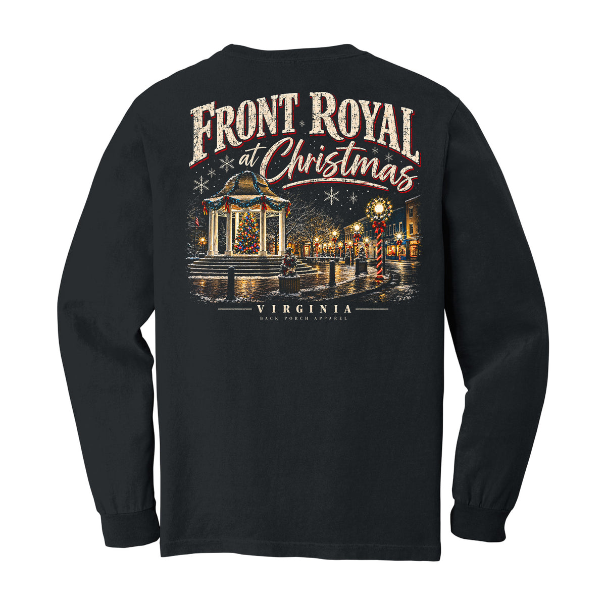 Front Royal at Christmas Comfort Colors 6014 black long sleeve shirt with large vintage Virginia Christmas back design
