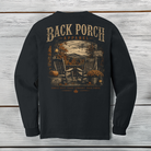 Back Porch Apparel fall Comfort Colors long sleeve shirt in black with rocking chairs and mountain scenery