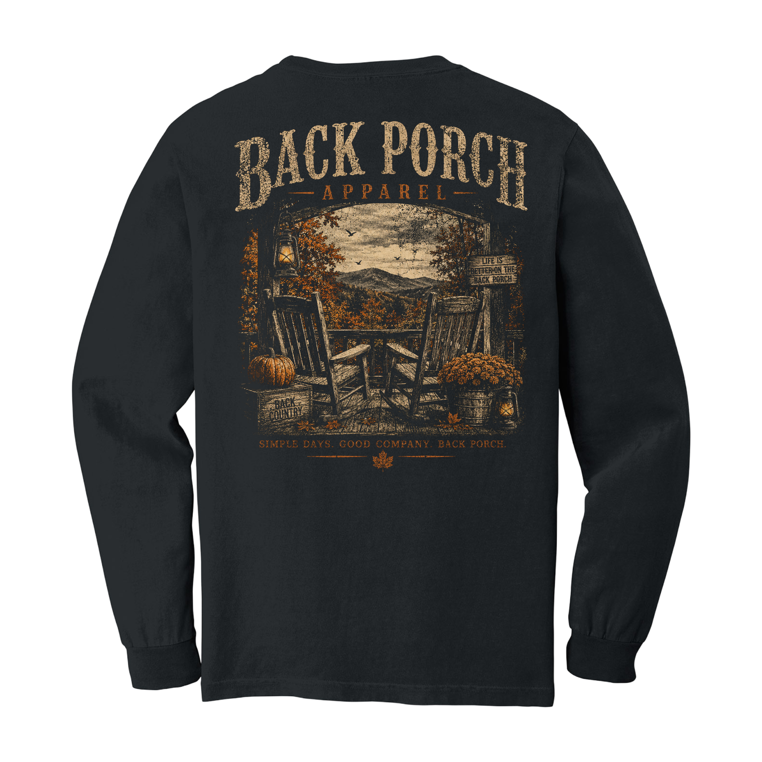 Black Comfort Colors 6014 Back Porch Fall long sleeve T-Shirt with vintage mountain porch design