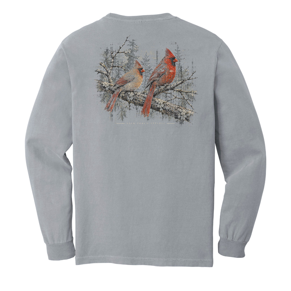 A light gray long-sleeve t-shirt shown from the back, featuring a graphic print of two red cardinals perched on a snowy branch.