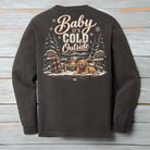 Baby It’s Cold Outside Comfort Colors 6014 Pepper long sleeve shirt with winter cabin, golden retriever and campfire back graphic