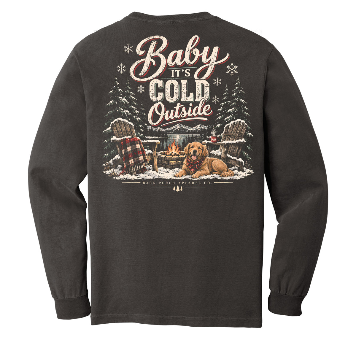 Baby It’s Cold Outside Comfort Colors 6014 Pepper long sleeve shirt with vintage winter dog and campfire back design