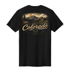 A black short-sleeve t-shirt shown from the back, featuring a large graphic print of a mountain landscape with the text 'Colorado' in a vintage script font.