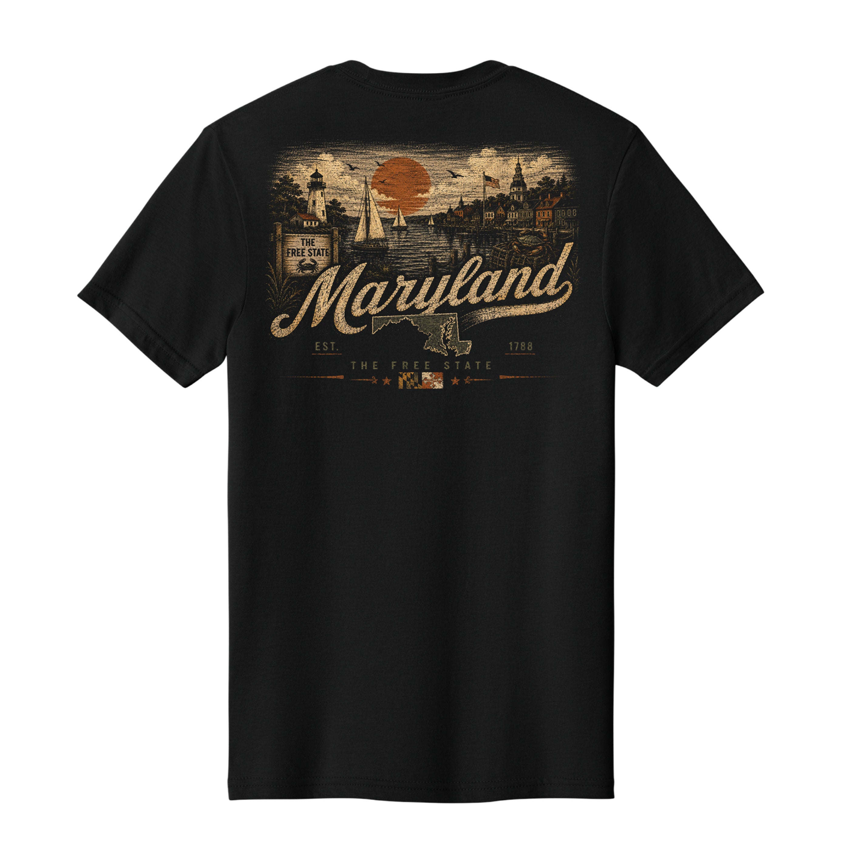 A black short-sleeve t-shirt shown from the back, featuring a large vintage-style graphic of Maryland with an orange sun, water, and the word 'Maryland' in tan script.