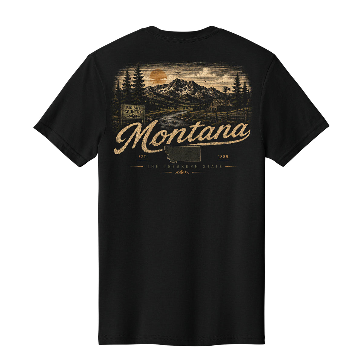 A black short-sleeve t-shirt with a vintage-style Montana graphic on the front, featuring a mountain landscape, a sunset, and the word 'Montana' in a cursive font.