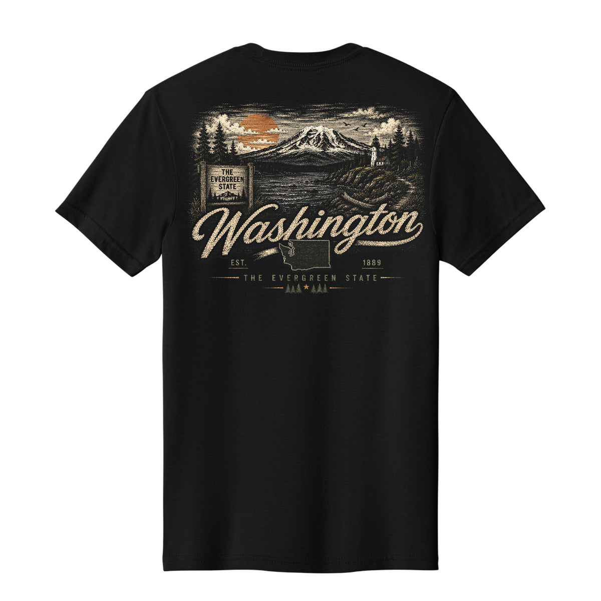 A black short-sleeve t-shirt with a detailed vintage-style graphic on the back. The graphic features a mountain landscape, a sign reading 'The Evergreen State', and the word 'Washington' in large cursive script.