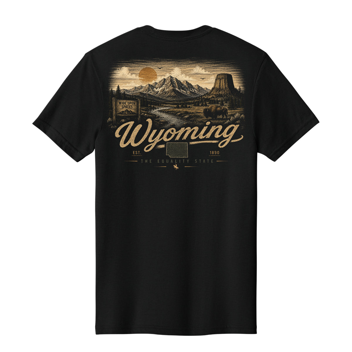 A black short-sleeve t-shirt with a detailed vintage-style Wyoming graphic on the front, featuring a mountain landscape, a sunset, and the text 'Wyoming' in a cursive font.