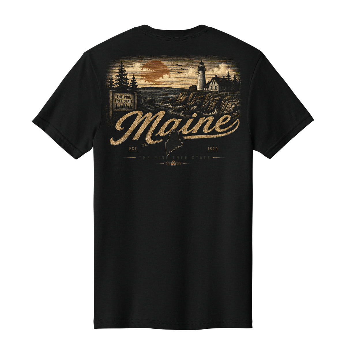 A black short-sleeve t-shirt shown from the back, featuring a large vintage-style graphic of a Maine lighthouse scene in tan and brown tones with the word 'Maine' across the center.