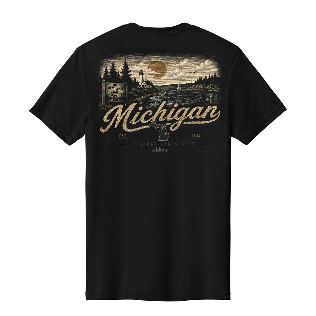 A black short-sleeve t-shirt shown from the back, featuring a vintage-style scenic graphic of Michigan's Great Lakes Coast with a lighthouse, sunset, and large 'Michigan' text in tan.