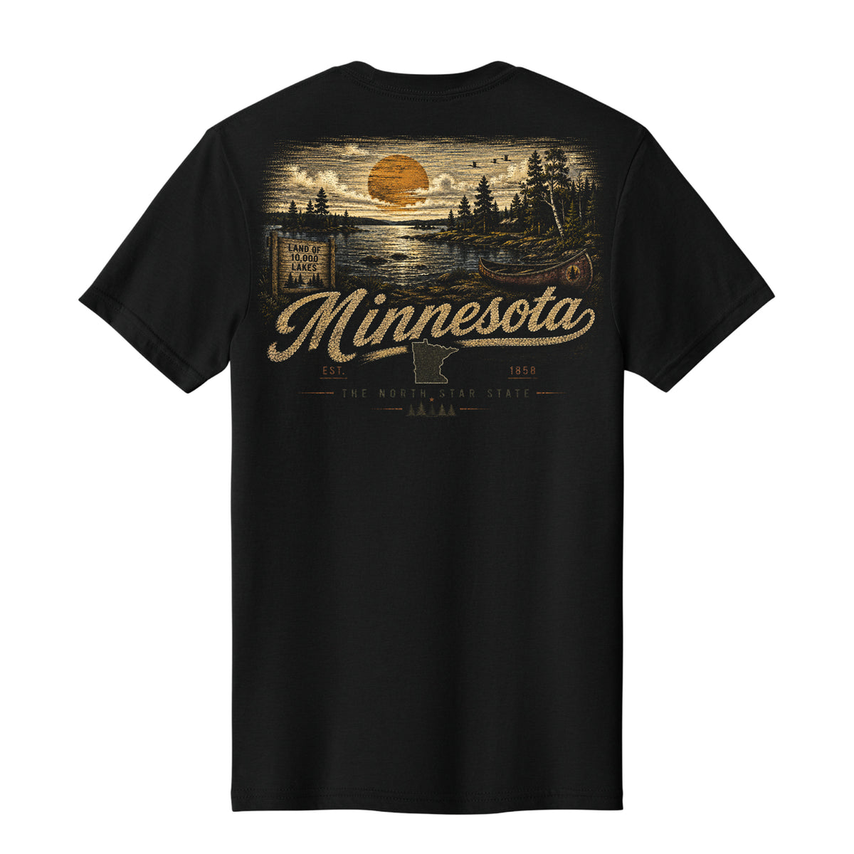 A black short-sleeve t-shirt shown from the back, featuring a large vintage-style Minnesota graphic print with a sunset over water, trees, and the word 'Minnesota' in tan lettering.