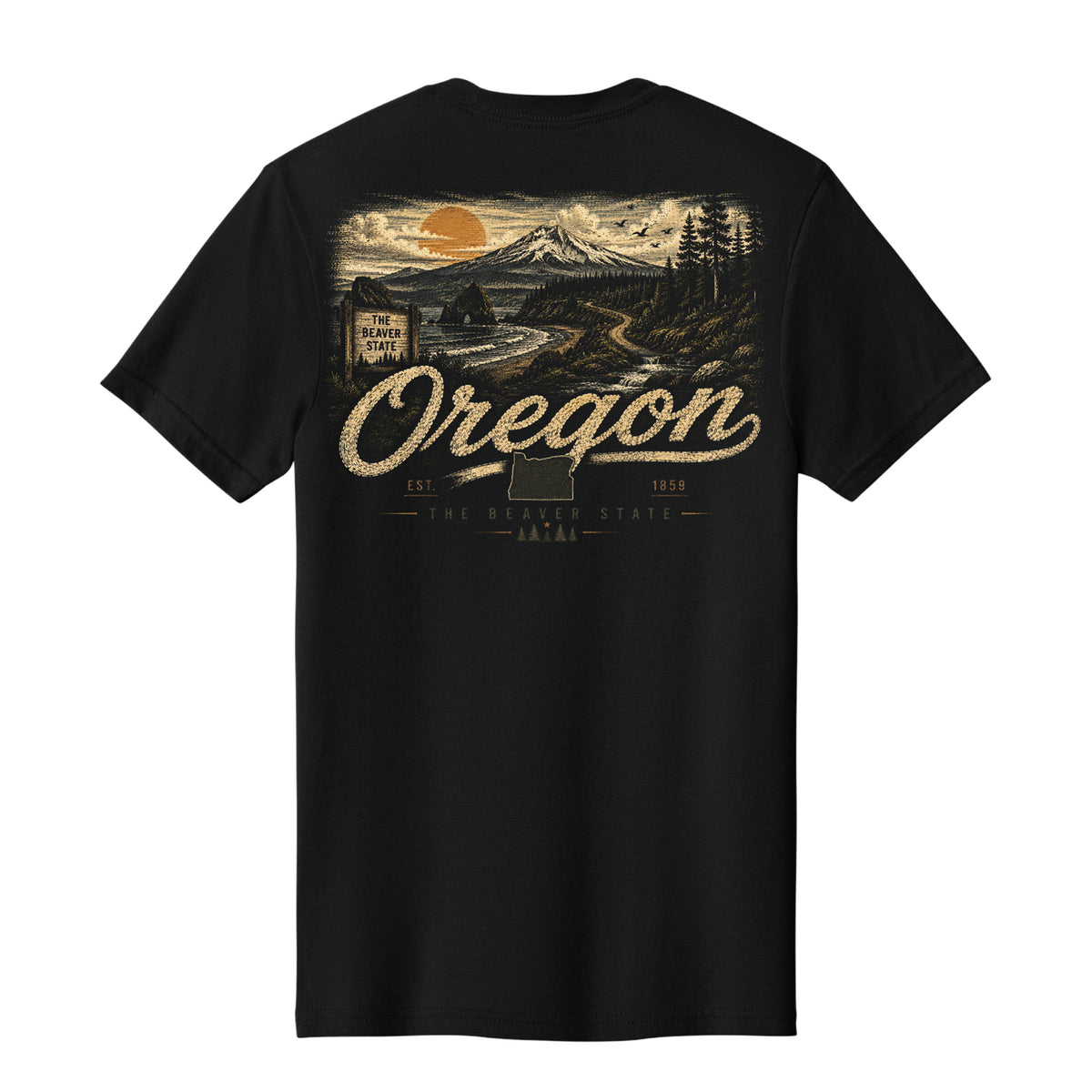 A black short-sleeve t-shirt with a large back graphic depicting a scenic Oregon landscape with a mountain, sunset, and the word 'Oregon' in a distressed beige font.