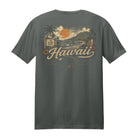 A dark gray crewneck t-shirt shown from the back, featuring a vintage-style Hawaii graphic with a sunset, mountains, palm trees, and the word 'Hawaii' in script.