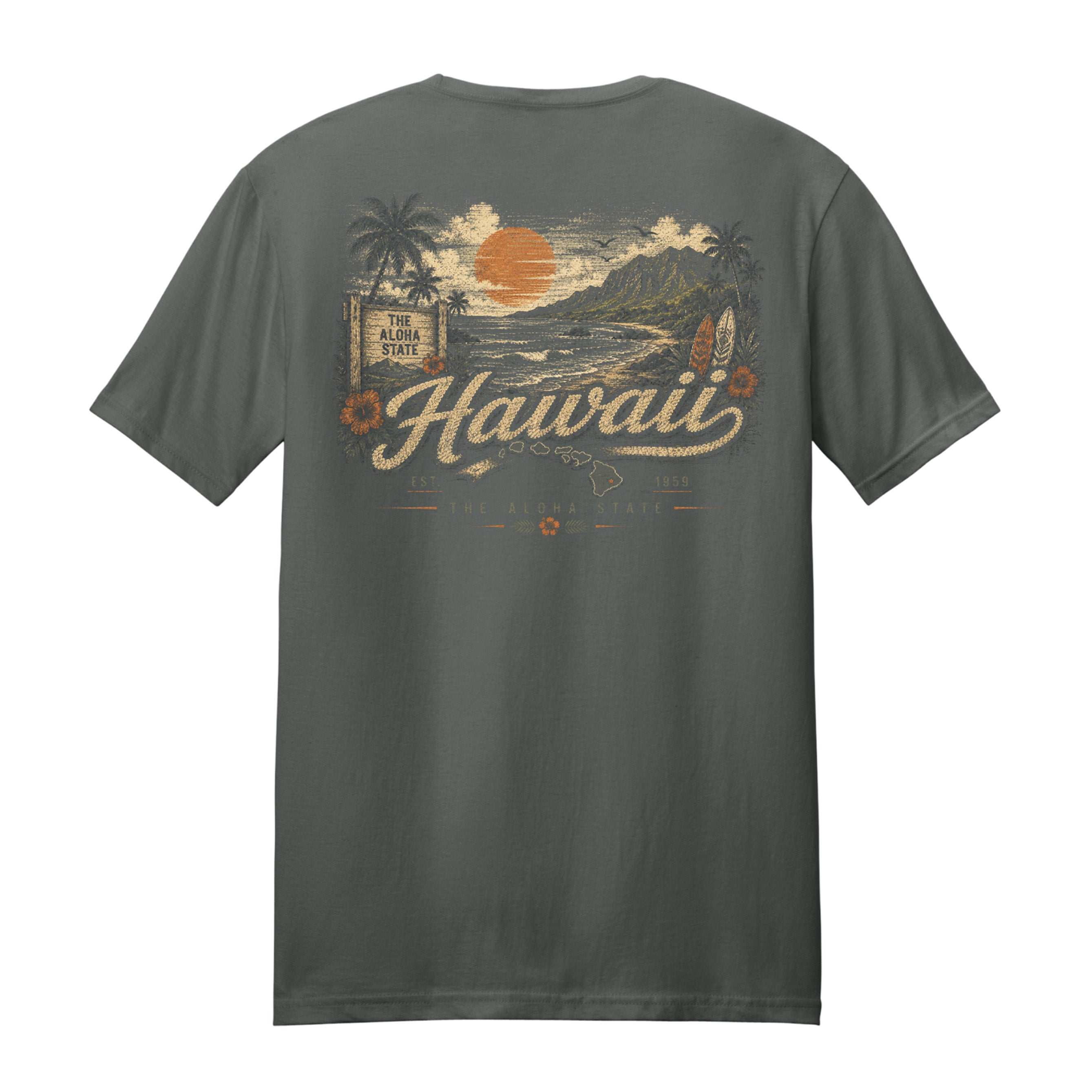 A dark gray crewneck t-shirt shown from the back, featuring a vintage-style Hawaii graphic with a sunset, mountains, palm trees, and the word 'Hawaii' in script.