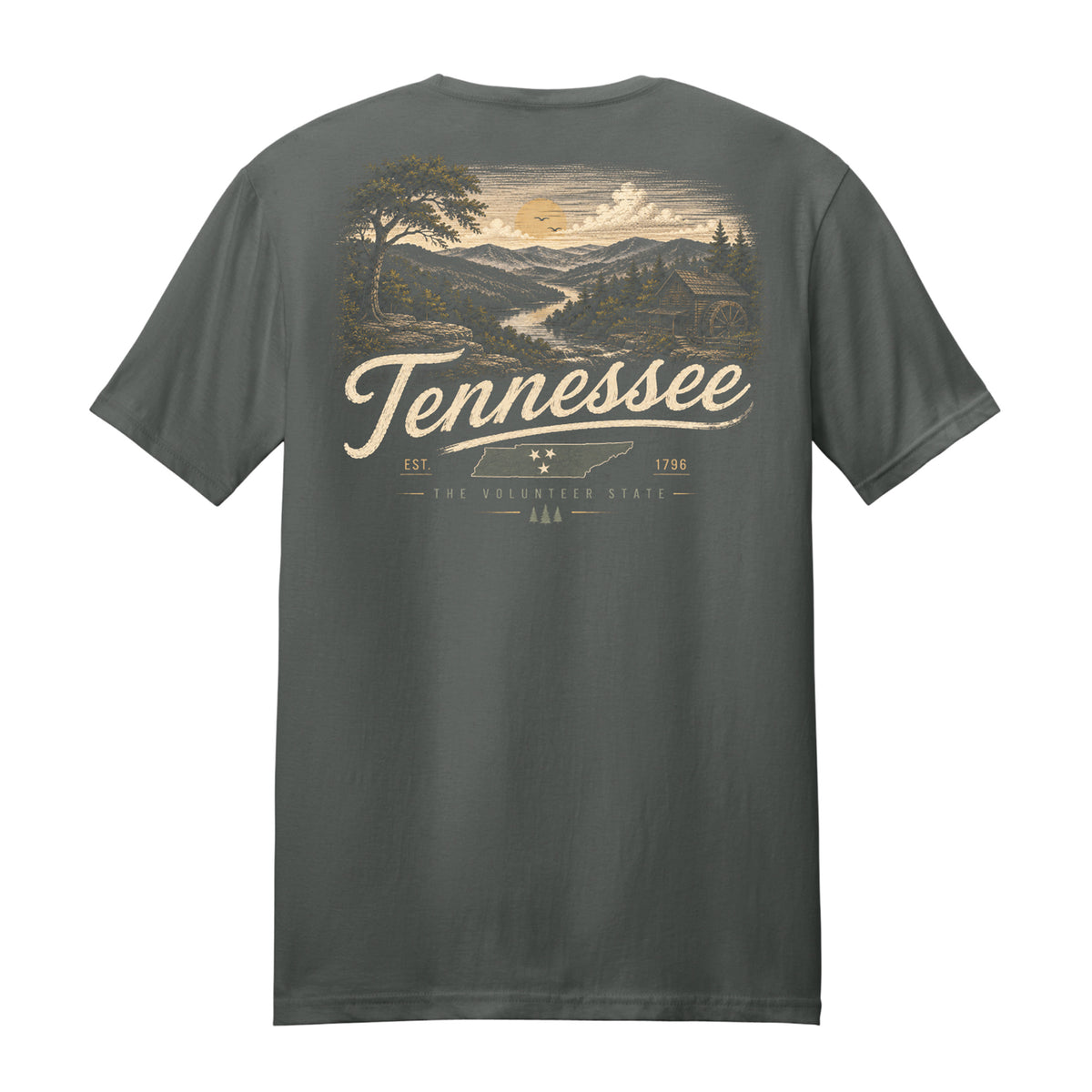 A dark gray short-sleeve t-shirt shown from the back, featuring a vintage-style Tennessee landscape graphic in beige and cream tones with the word 'Tennessee' printed across the center.