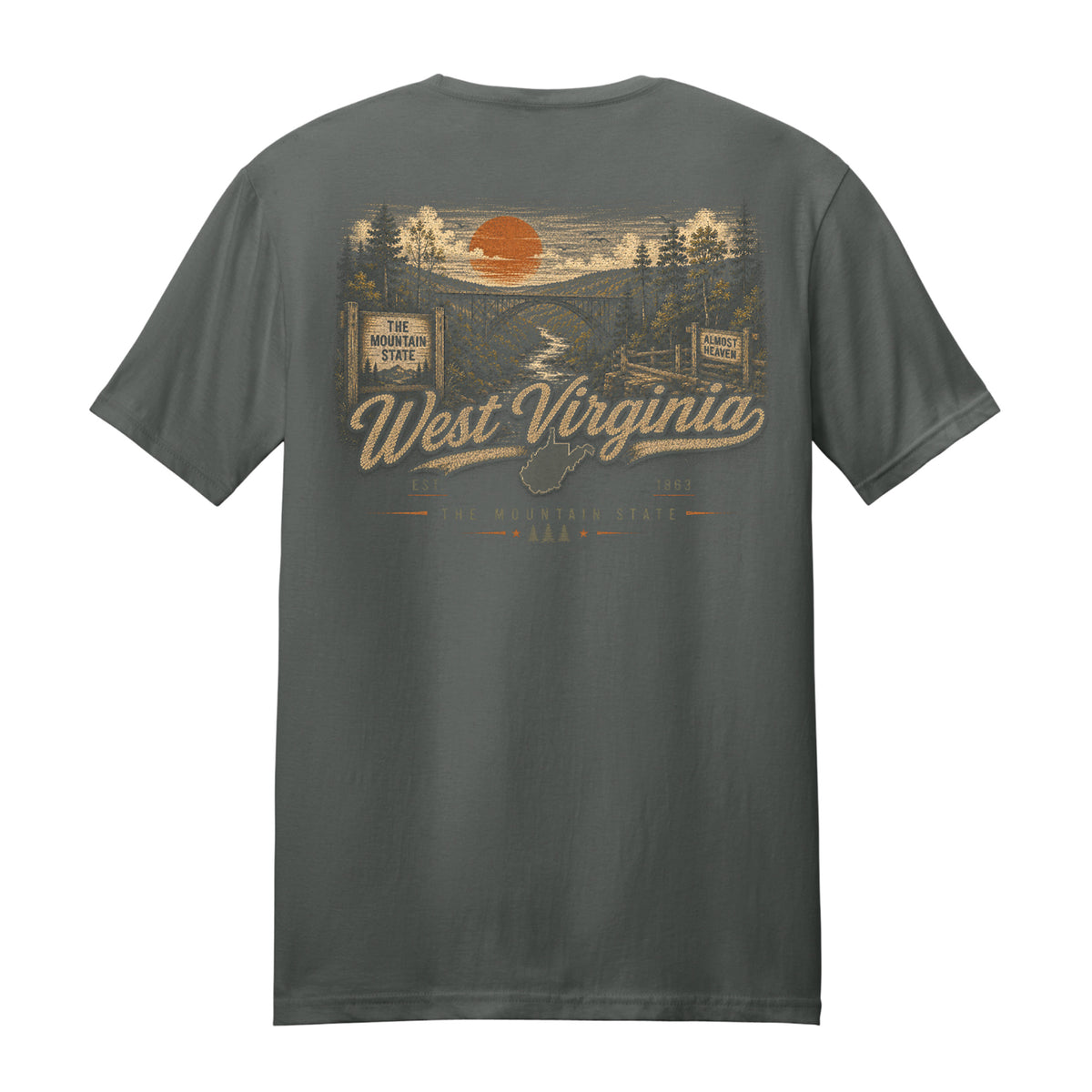 A dark gray t-shirt showing the back side with a large vintage-style graphic print of a West Virginia landscape, featuring an orange sun, river, bridge, and 'West Virginia' text.