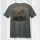 Charcoal gray Comfort Colors t-shirt featuring a large distressed back graphic with a camouflage four wheeler, rustic outdoor artwork, and vintage southern country girl lettering.