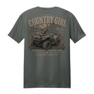 Back view of a charcoal gray Comfort Colors t-shirt displayed on a white background featuring a distressed camouflage ATV graphic with southern country girl typography and pink bow accents by Back Porch Apparel.