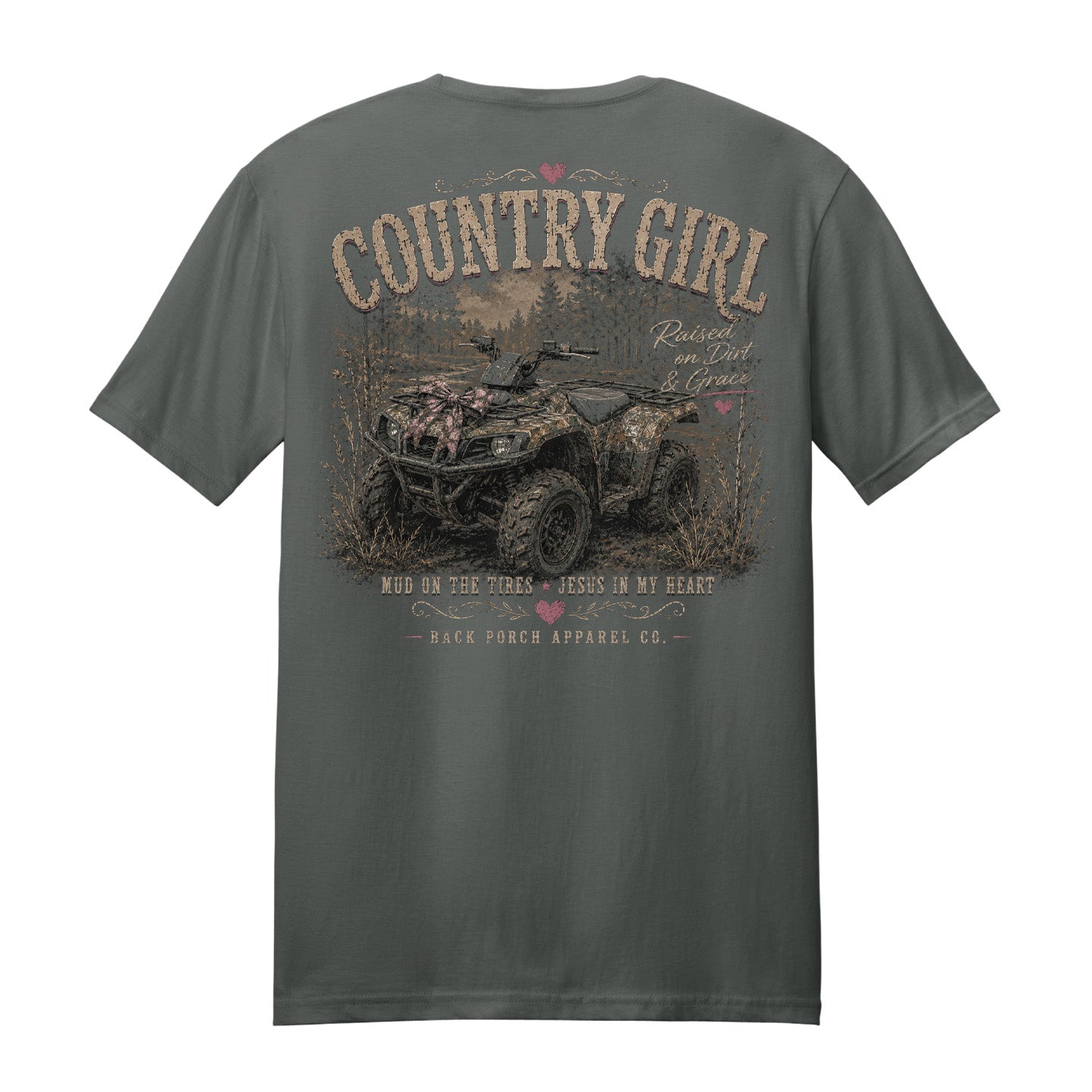 Back view of a charcoal gray Comfort Colors t-shirt displayed on a white background featuring a distressed camouflage ATV graphic with southern country girl typography and pink bow accents by Back Porch Apparel.