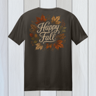 Dark Chocolate Happy Fall T-Shirt with colorful autumn leaves and vintage script back design